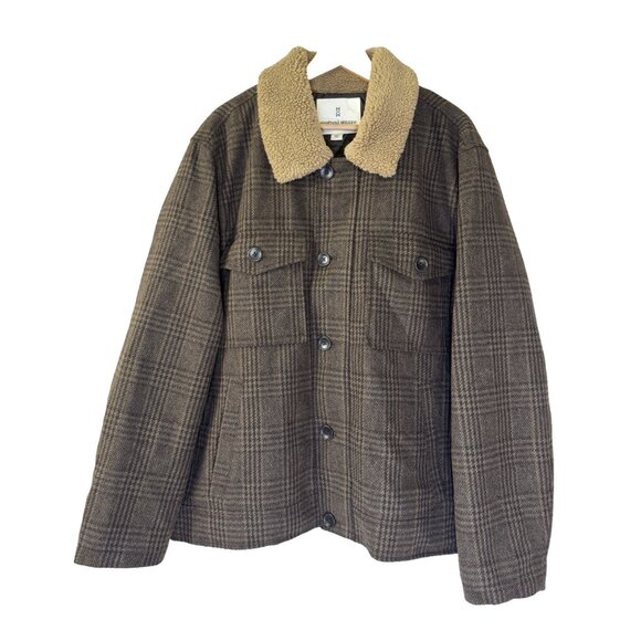 Mutual Weave Mens XLarge Coat Brown Plaid Wool Faux Shearling Collar Outdoors - Picture 1 of 10